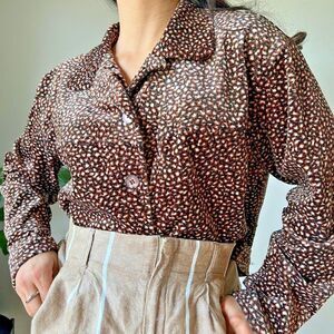 vtg 90s Clio velvet jacket blouse brown black leopard shirt size Large button up